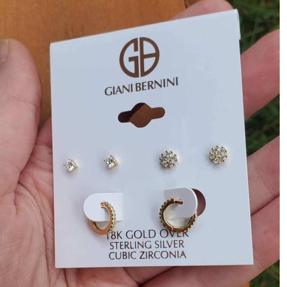 Giani Bernini 18K Gold Plated Sterling Silver CZ Stud Hoop Earrings 3 Pair Set